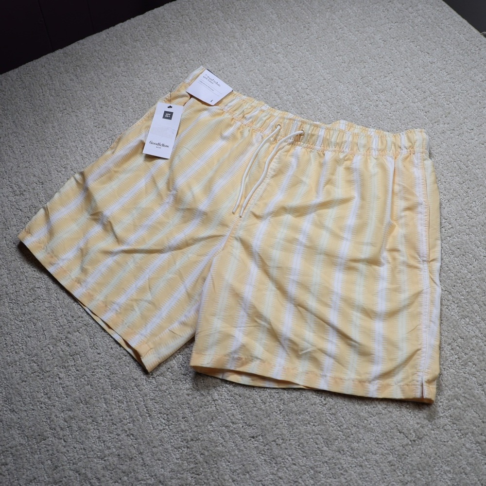 Goodfellow & Co Mens 7" Swim Trunks Yellow White Geo Stripe L UPF 50+ New